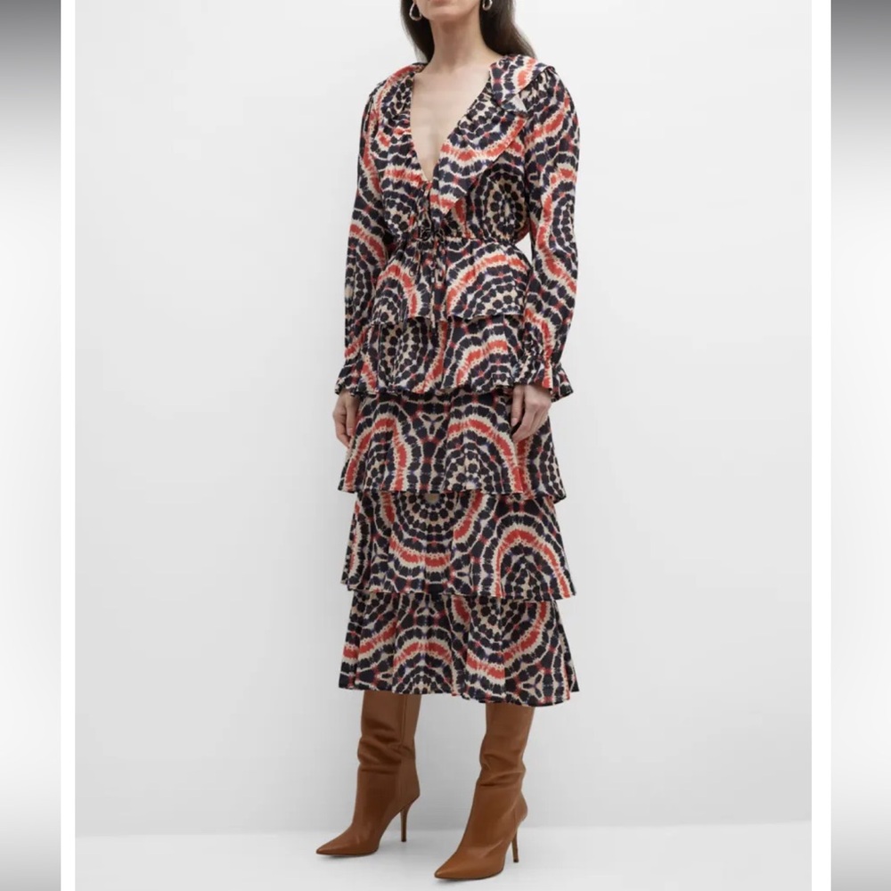 Marie Oliver Blythe Tie-Dye Ruffle Tiered Long Sleeve Midi Dress Sz S NEW